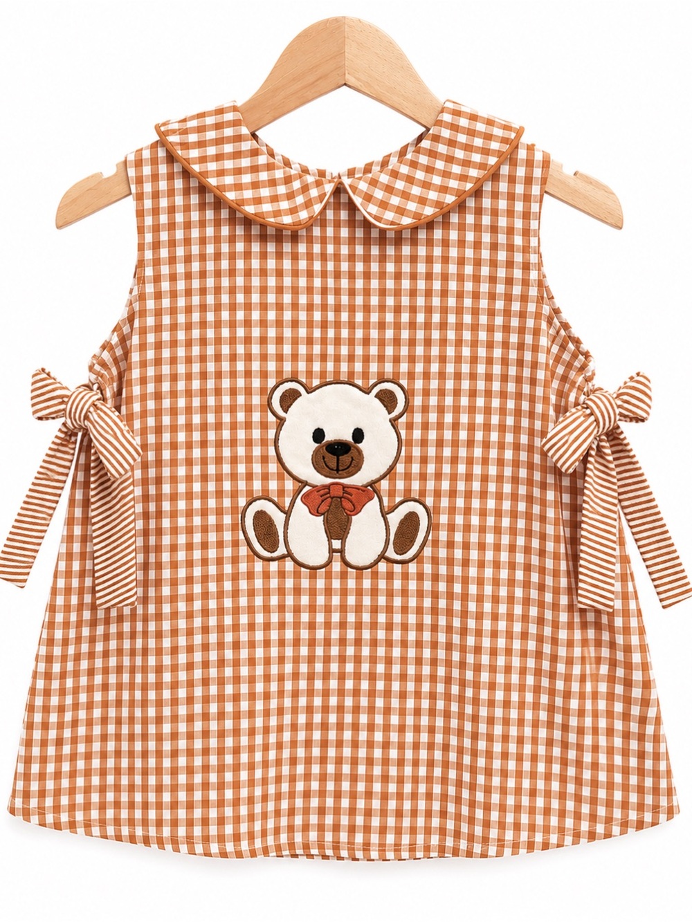 Bear Applique Gingham Matching set- Orange/White